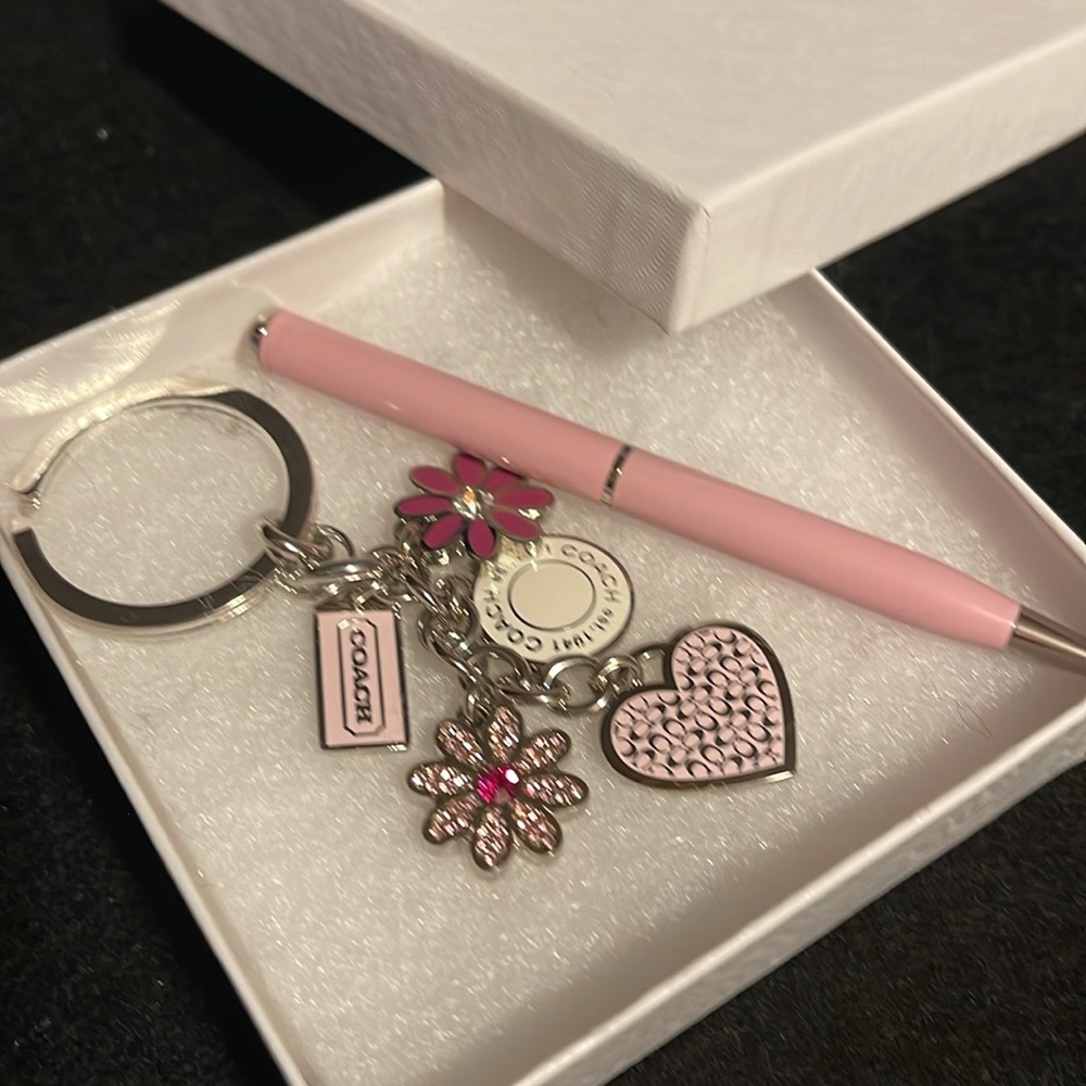 Coach Pink Floral Heart Charm Keychain Key & Card Holder